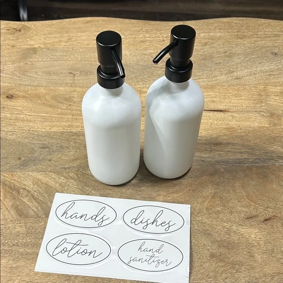 White glass Soap Dispenser Set with Black Pumps and labels - Picture 1 of 16